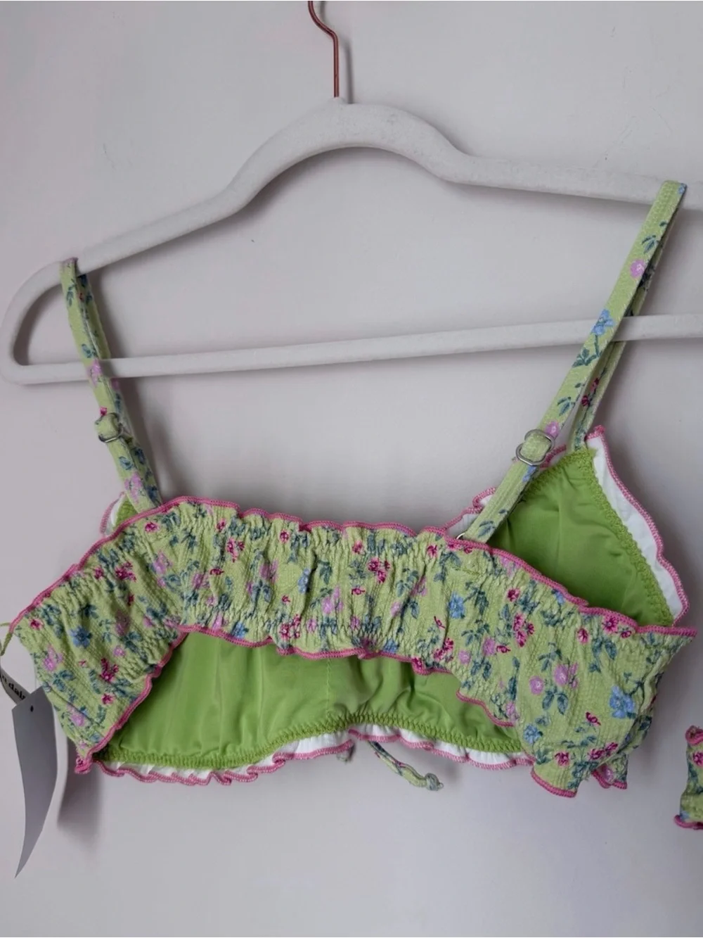 Dippin' Daisy's Green Floral Ruffle Bikini set and scrunchie